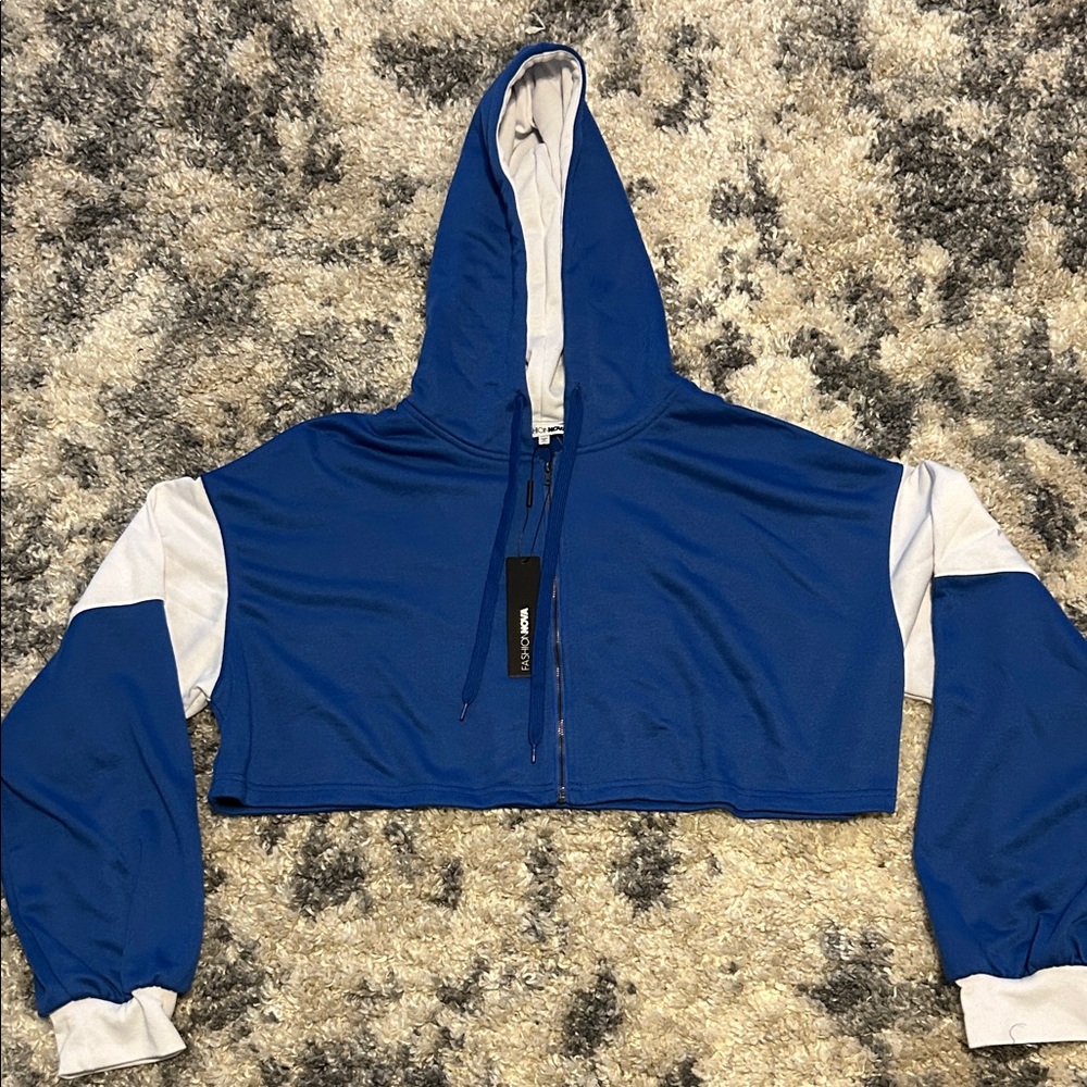 Fashion Nova Blue and White Cropped Hoodie